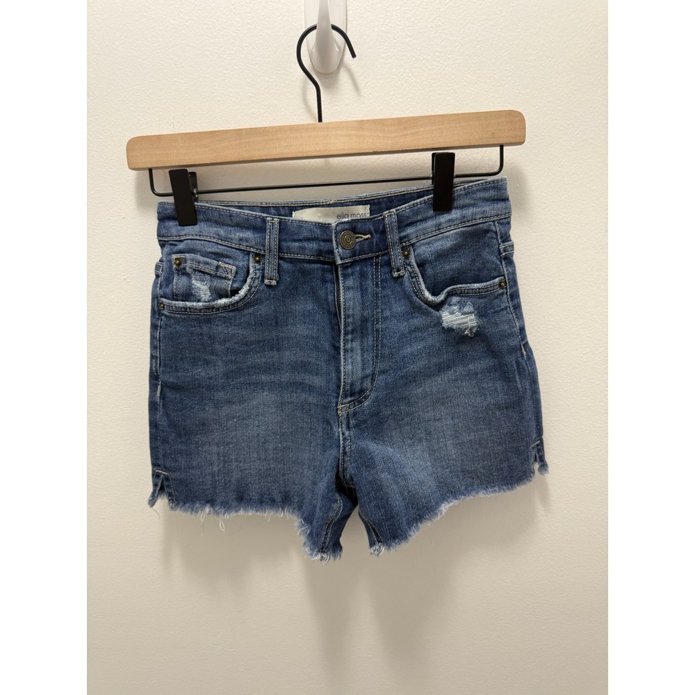 Ella Moss High Rise Distressed Denim Shorts Medium Wash Raw Hem Size 25